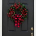 thumbnail image 1 of Christmas Wreath for Front Door, Pre-Lit Artificial Holiday Wreath with Red Berries, Plaid Bow, and Pine Branches for Indoor Outdoor Home Decor, 1 of 6