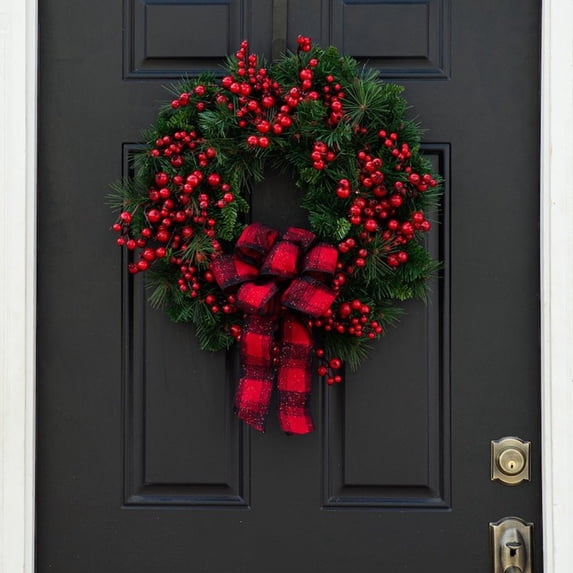 Christmas Wreath for Front Door, Pre-Lit Artificial Holiday Wreath with Red Berries, Plaid Bow, and Pine Branches for Indoor Outdoor Home Decor