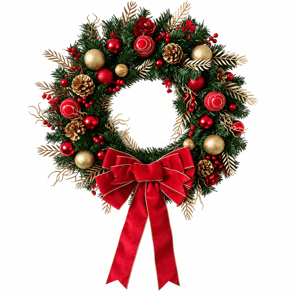 Christmas Wreath for Front Door with Red Bow, Berries, Pinecones and Ornaments, 20 Inch, Holiday Gift