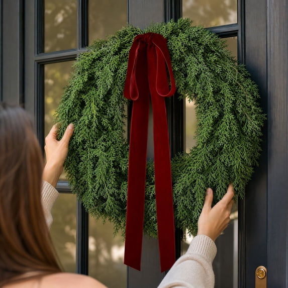 Christmas Wreath for Front Door with Red Bow and Green Pine Branches, Festive Farmhouse Wreath for Porch and Wall Decor, Holiday Christmas Decoration