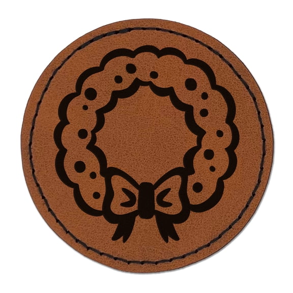 Christmas Wreath with Bow 2.5" Faux Leather Round Engraved Iron-On Patch - Brown