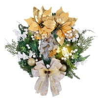 HioHa Christmas Wreath with Golden Poinsettia & Lights, 16-Inch Front Door Holiday Decor Wreath with Bow & Ornaments
