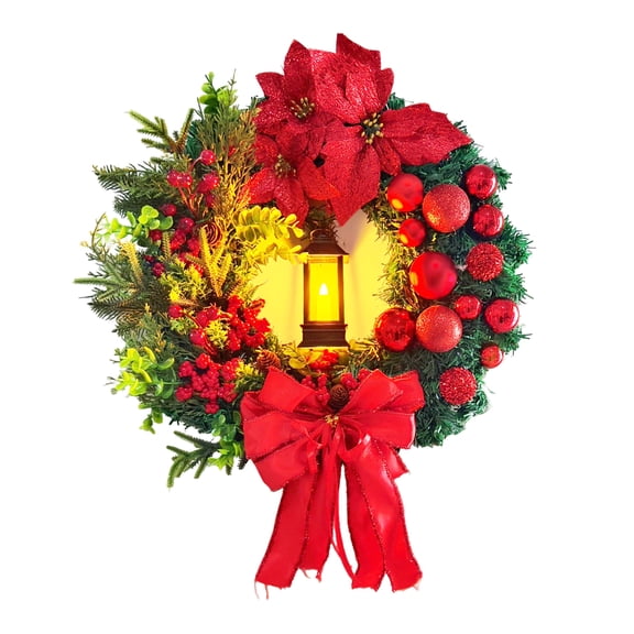 HioHa 16-Inch Red Poinsettia Wreath with LED-Lit Lantern, Artificial Spring Floral Wreath with Red Berries & Ornaments, Pre-Lit Door Decoration for Easter Front Porch Wall Home Entryway