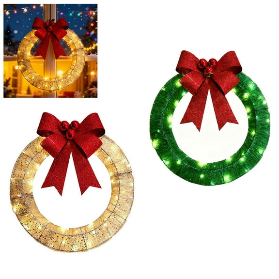 Christmas Wreath with LED Lights, Metal Frame Holiday Decor, Warm White Bow, Indoor Outdoor Door Hanging