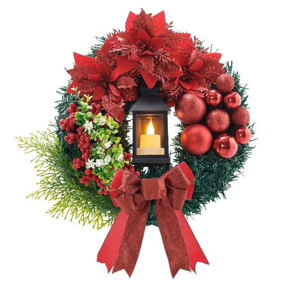 Christmas Wreath with LED Oil Lamp - 16 Inch Artificial Pre Lit Wreath for Front Door, Red Bow Ribbon Winter Decor for Indoor Outdoor Xmas Decoration
