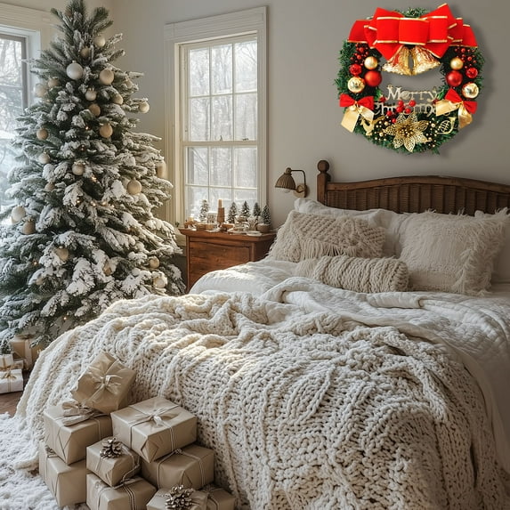 Christmas Wreath with Metal Hanger, Lighted Xmas Folded Wreath, Red Bow and Colorful Balls for Outdoor Home Window Wall Front Door