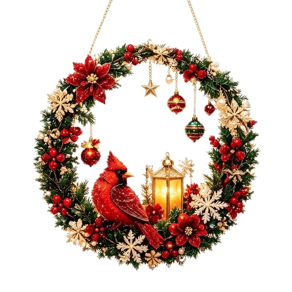 Christmas Wreath with Red Cardinal and Lit Lantern Hanging Decor for Front Door Indoor Home Holiday Decoration