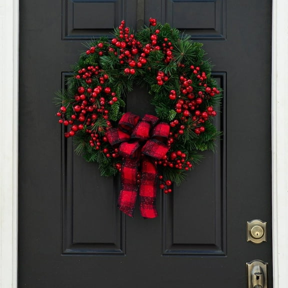 Christmas Wreath with Red Checkered Bow, Mixed Berry Decor for Front Door, Indoor Outdoor Holiday Wall Decoration