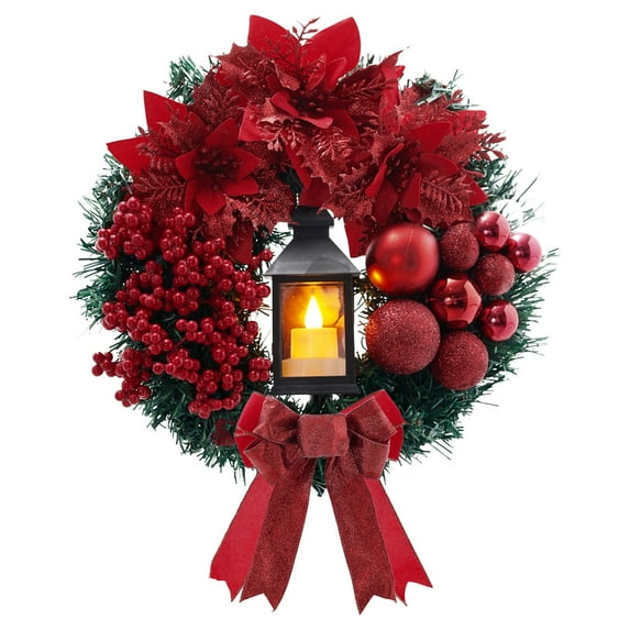 Christmas Wreath with Red Poinsettias, Illuminated Black Lantern, Red Berries and Bows, Festive Decor for Front Door and Home Decorations - B