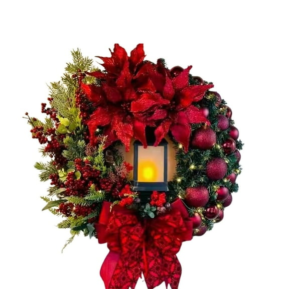 Christmas Wreath with Red Poinsettias, Lantern, Berries and Bows, Illuminated Festive Decor for Front Door and Home Decorations - A