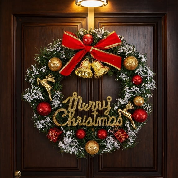 Christmas Wreath with Reindeer and Bells, Snow-Flocked Pinecones Artificial Garland for Festive Holiday Door Decor, 14 Inch