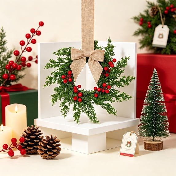 Christmas Wreath with Velvet Bow, 10.60 Inch Mini Christmas Wreath for Kitchen Cabinets, Windows, Doors, Wall & Farmhouse Holiday Decor