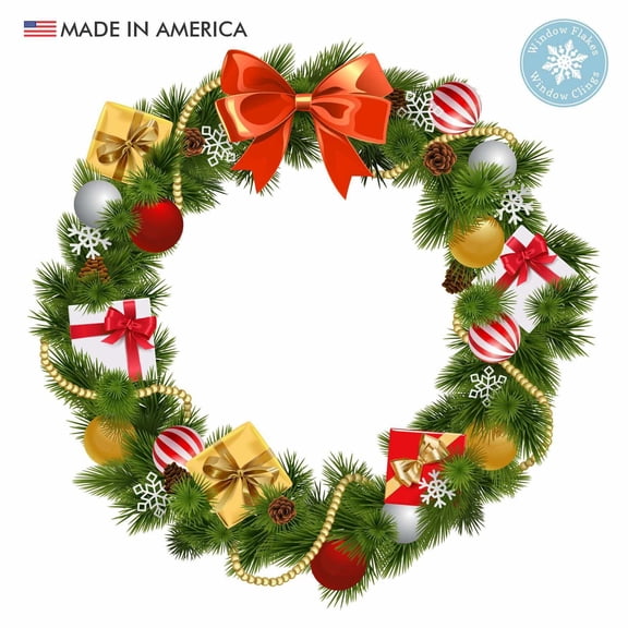 Window Flakes Christmas Window Cling Traditional Holiday Wreath with Ornaments, Bows and Ribbons, Reusable No Adhesive Home Dcor Decoration