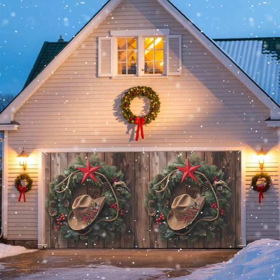 Christmas Wreaths Christmas Garage Door Decorations, 6.9x8ft Garage Door Cover Banner with Grommets, Outdoor Garage Door Backdrop Mural for Holiday Party Wall Decor, Western Texas Star Cowboy Hat