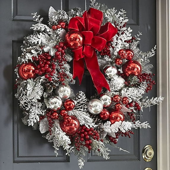 Christmas Wreaths Decorations for Front Door Cordless Red and White Holiday Trim Wall Hanging Christmas Garland Christmas Door Wreath Outdoor Indoor Xmas Home Decor for Christmas Tree,15.7inch