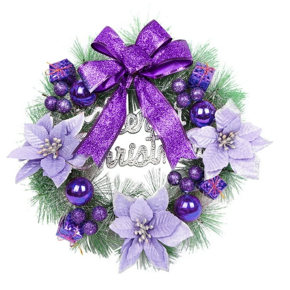 Christmas Wreaths for Front Door 12" Artificial Christmas Wreath with Bow, Flower and Gifts Box Ornaments, Purple Merry Christmas Garland Wreaths for Holiday Party, Indoor Outdoor Xmas Decorations