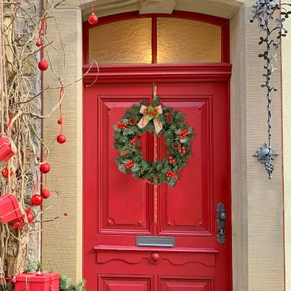 Christmas Wreaths for Front Door 16 Inch Outdoor Xmas Wreath Artificial Green Olive Leaves Winter Door Wreath With Cones and Red Berries- Holiday Wreath Decor
