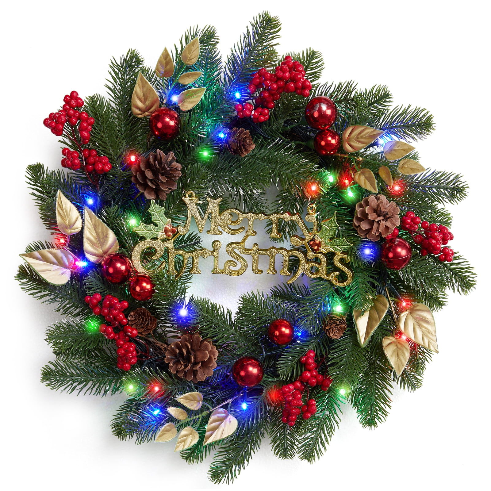 Christmas Wreaths for Front Door, 18 Inch Xmas Wreath with 40 LED