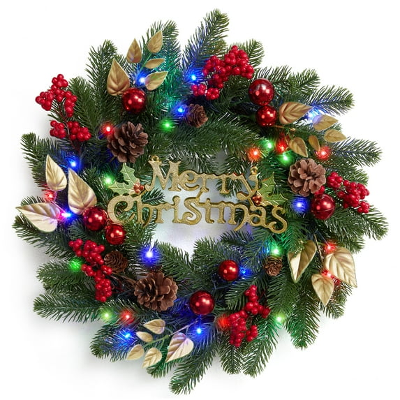Christmas Wreaths for Front Door, 18 Inch Xmas Wreath with 40 LED Lights, Timer, Pine Cones for Window Fireplace Xmas Decorations, Battery Operated Christmas Wreath for Winter Outdoor Decor