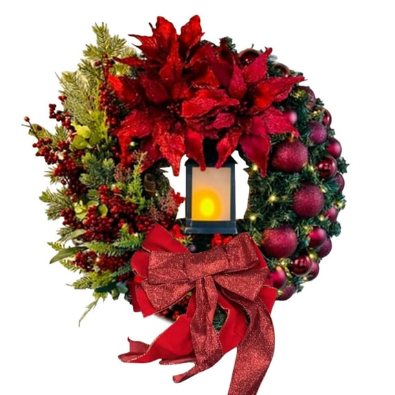 Christmas Wreaths for Front Door, Artificial Lighted Christmas Wreath, Large Red Bow Ribbon Christmas Door Decor, 15.7 Inch Vintage Christmas Decorations for Indoor Outdoor Use