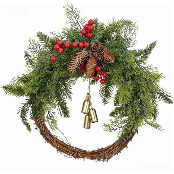Christmas Wreaths for Front Door with Bells, Artificial Pine Garland with Red Berries & Pinecones, Winter Rattan Door Wreath, Holiday Decor for Home, Xmas Decorations (Small)