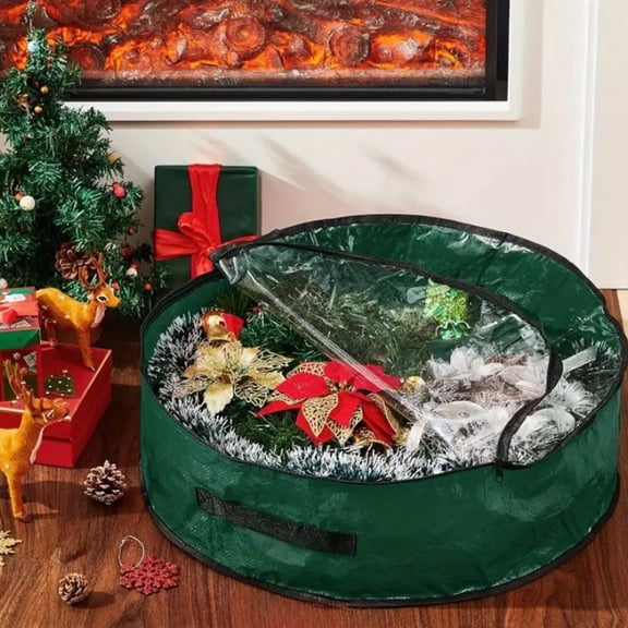 Christmas Wreaths For Front Door,Christmas Door Cover,Christmas Wreath Storage Bag 24 Inch With Clear Window - Red & Green Tear-Resistant Plastic Holiday Garland Container