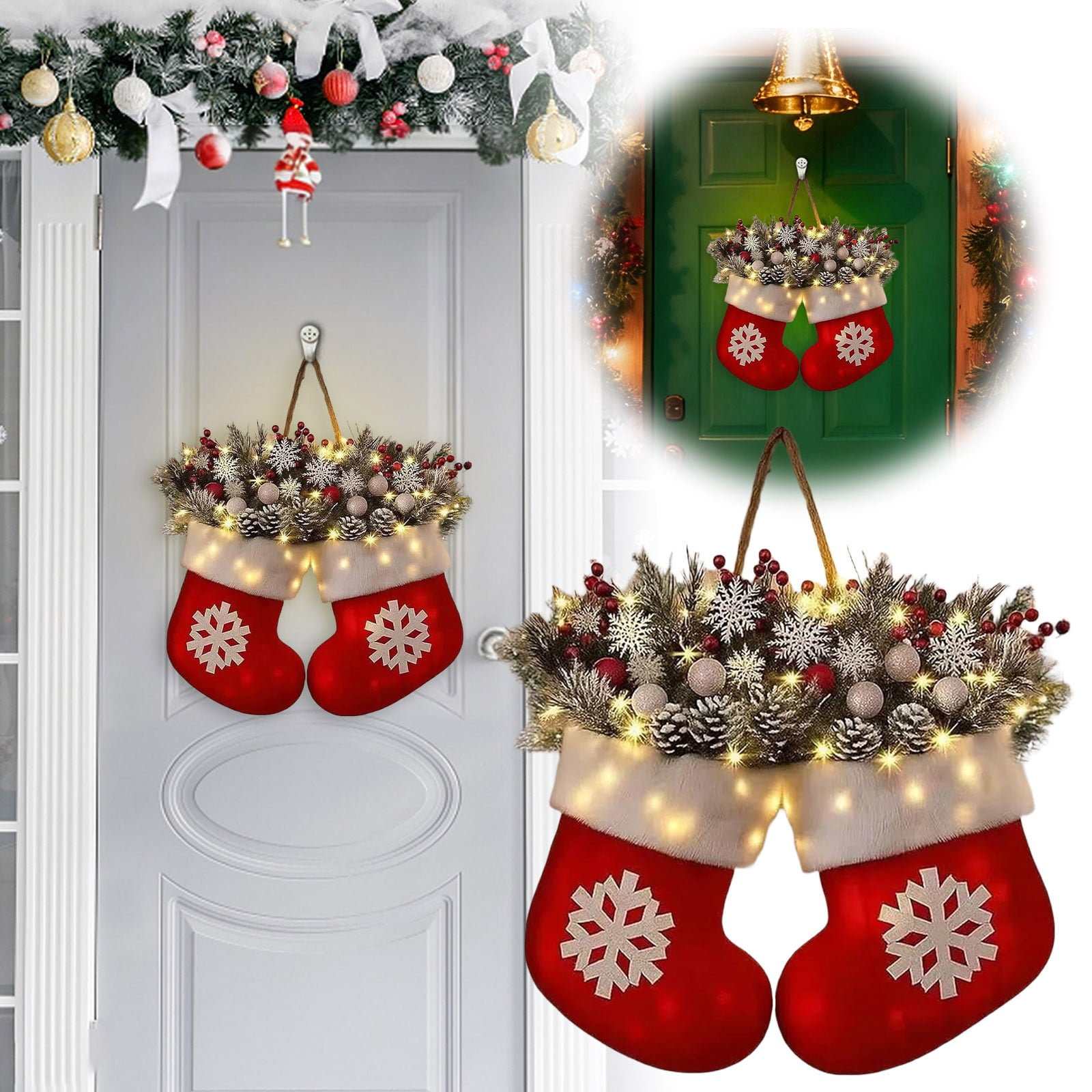 Christmas Wreaths for Front Door with Twinkling LED Lights,Outdoor ...