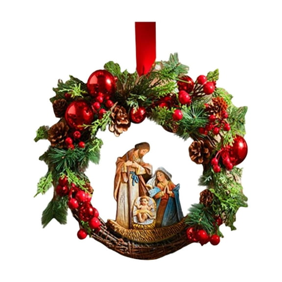 Christmas Wreaths - Grapevine & Evergreen Christmas Wreath for Front Door with Nativity Figurine, 15-Inch, Red Ornaments for Indoor Outdoor Home Party Hanging Decor