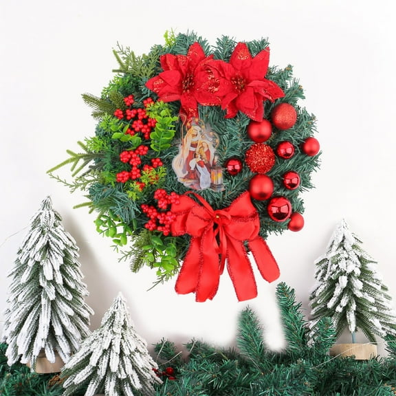 Christmas Wreaths Hanging Holiday Red Artificial Poinsettia Flowers Jesus Figurine Nativity Scene Glitter Ball Ornaments PineCones Golden Berries for Christmas Decor Front Door The Holiday