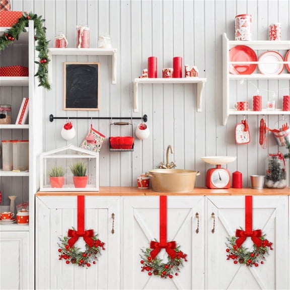 Christmas Wreaths for Kitchen Upper Cabinets with Red Bow Artificial Small Hanging Xmas Wreaths Mini Cabinet Wreaths for Front Door Cupboard Decor, Christmas Decoration, 21.6 inch,A17