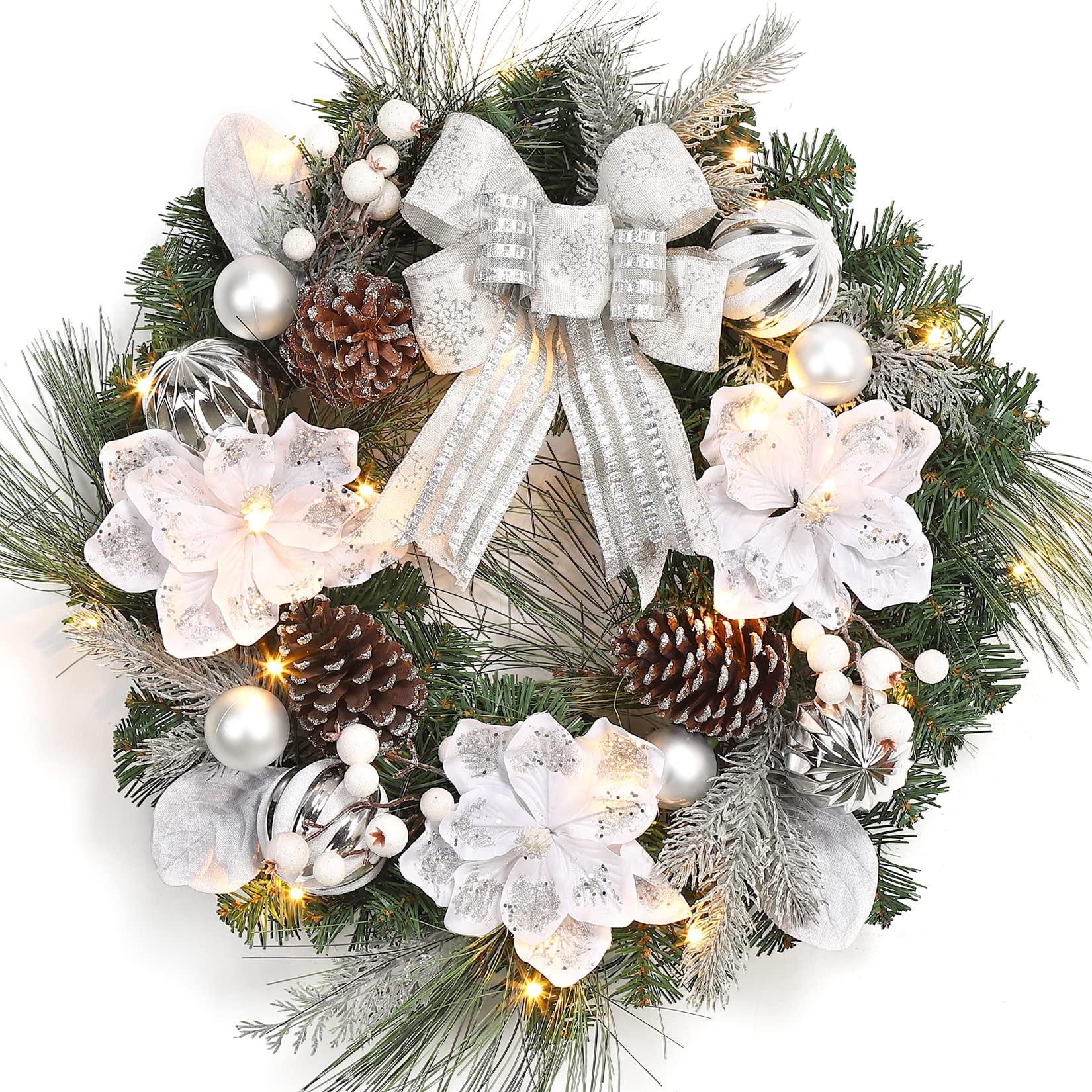 Christmas Wreaths with Lights, 24 Inch Silver White Christmas Wreath