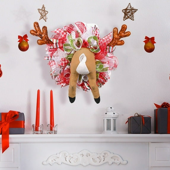 Christmas Wreaths for Front Door Christmas Reindeer Wreath with Lace Ribbon Deer Wreath for Home Wall Window Porch Indoor Outdoor Decor