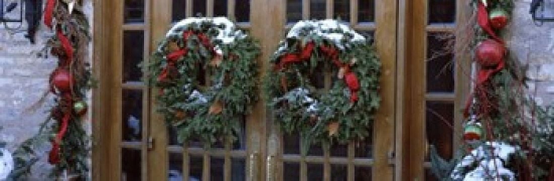 Christmas Wreaths on Doors Canvas Art - Panoramic Images (37 x 12)