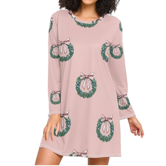 Christmas Wreaths with Pink Bows Women's Long Sleeves Nightgowns Sleepwear Soft Pajama A-line Sleep Dress M