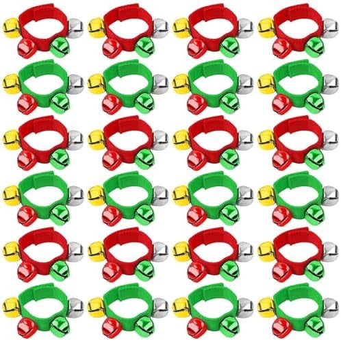 Christmas Wrist Bells Bracelets, 24Pcs Wrist Band Jingle Bells with Red Green Gold Silver Bells, Musical Instruments Adjustable Hand Ankle Bells for Christmas Gifts Kids Party Favor Toys