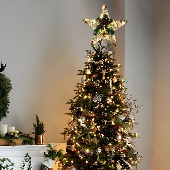 Christmas Wrought Iron Tree Top Star Decoration - LED Glowing Powdered Tree Top Light, Wicker Star Accent for Christmas Tree, Festive Xmas Tree Topper to Brighten Tree, 9.84*11.02in, White-B