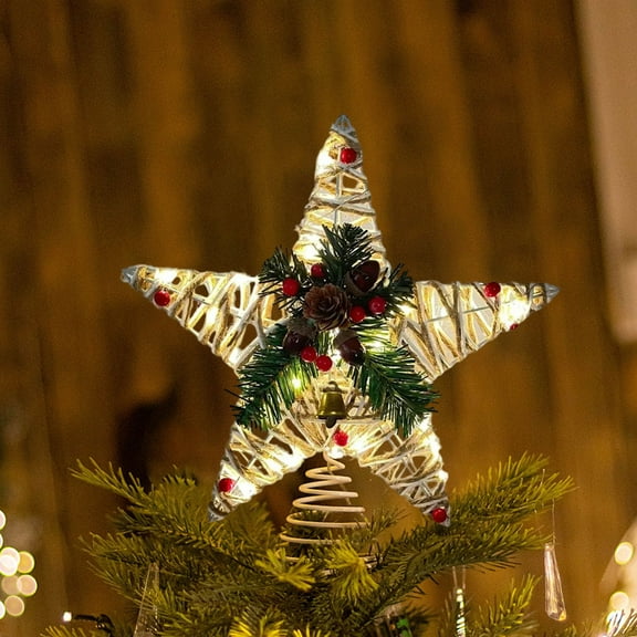 Christmas Wrought Iron Tree Top Star - LED Lighted Glittered Star with Wicker Accents, Festive Tree Top Decoration to Anchor Christmas Trees & Boost Holiday Ambiance, 11.02*9.84in, B