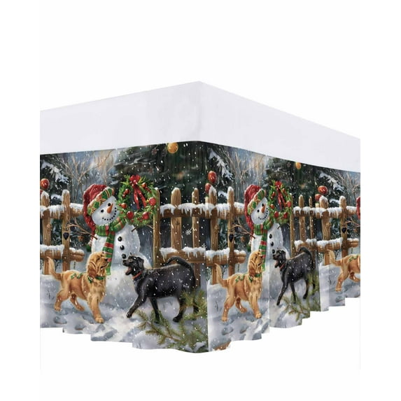 Christmas Xmas Bed Skirt Wreath Snowman Cute Dog Winter Bed Skirts Queen Size 16 Inch Drop, Wrap Around Dust Ruffle Bedskirt with Adjustable Elastic Belt for Queen Size Beds