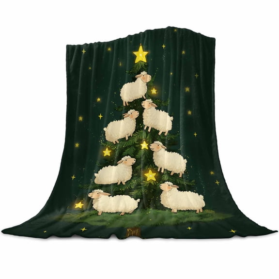 Christmas Xmas Flannel Blanket for Bed,Travel and Camping, Tree Cute Sheep Night Star Super Soft Cozy Blanket for All Seasons 50"x60"