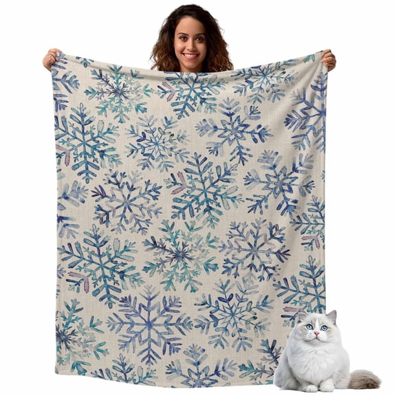 Christmas Xmas Fleece Throw Blanket Lightweight Watercolor Blue Snowflake Fuzzy Flannel Throws Super Soft Cozy Flannel Blanket for Couch, Sofa, Bed, Travel 50"x60"