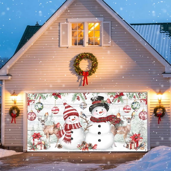 Christmas Xmas Garage Door Banner Covers, Elk Ball Snowman Poinsettia Berry Wood Plank Large Hanging Indoor/Outdoor Backdrop Background for Christmas Winter Party Decor, 6.9x8 FT