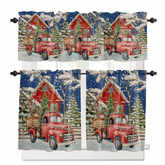 Christmas Xmas Kitchen Curtains and Valances Set, Tree Red Truck Barn Snowflake Blue Rod Pocket Window Valance 18 Inch Window Curtain Panels for Living Room Bedroom Laundry, 27.5x36in, 3 Pieces