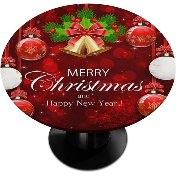 Christmas Xmas Red Balls Decor Round Fitted Tablecloth Large Circle Table Cover with Elastic Edge Waterproof Wipeable Dining Table Cloths for Outdoor Picnic Party Patio Fit for 45"-50" Table