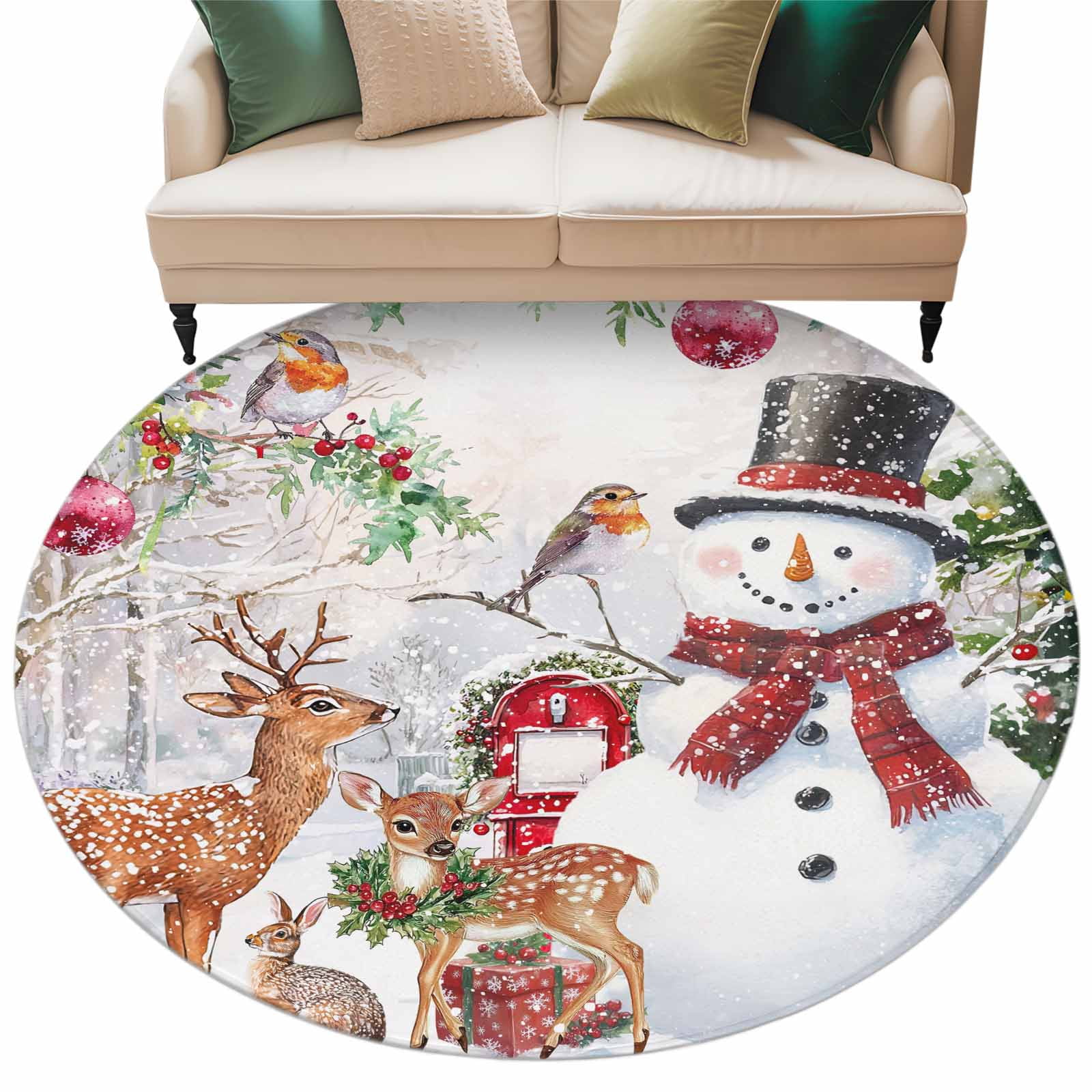 Christmas Xmas Round Area Rug 5ft Tree Snowman Deer Robin Bird Red ...