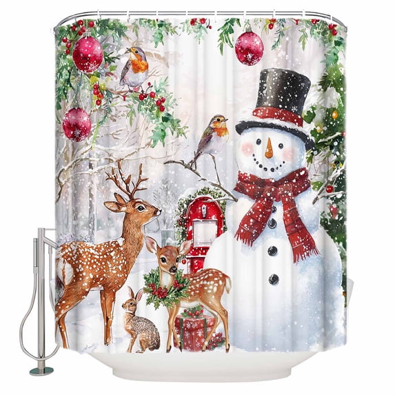 Christmas Xmas Shower Curtain, 36" x 72", Tree Snowman Deer Bird Red Balls Waterproof Bathroom Curtain Washable Shower Curtain Set with 12 Hooks