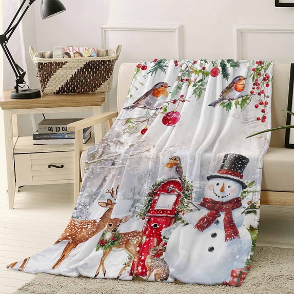 Christmas Xmas Throw Flannel Blanket 30x40In Tree Red Ball Snowman Cute Deer Poinsettia Super Soft Cozy Bed Blanket, Lightweight Plush Fuzzy Bed Throw for Bedroom Sofa Couch Living Room