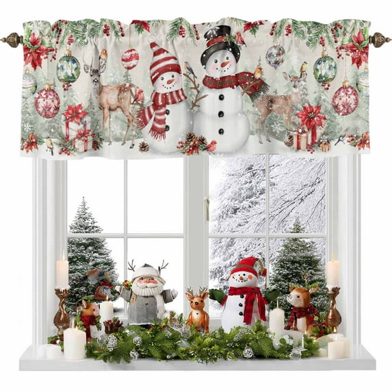 Christmas Xmas Valances for Windows, 42 x 18in, Elk Ball Snowman Red Poinsettia Bird Rod Pocket Kitchen Valance Curtain Light Filtering Window Treatments for Living Room Bedroom, 1 Panel