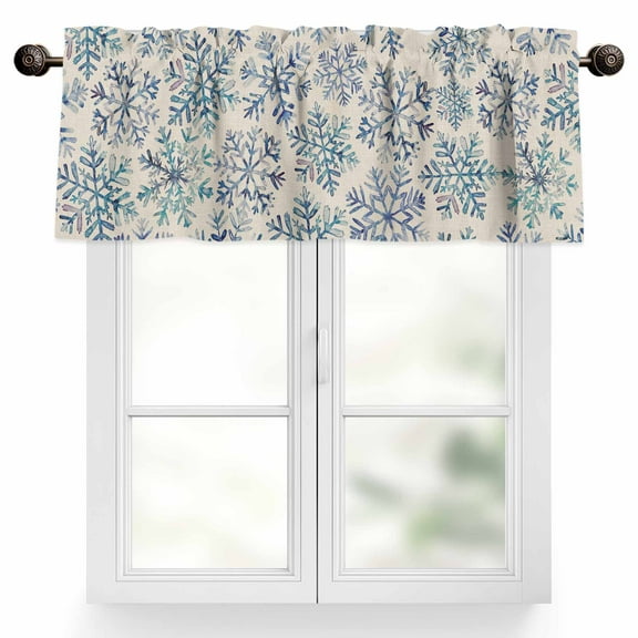 Christmas Xmas Valances for Windows, 54 x 18in, Watercolor Blue Snowflake Rod Pocket Kitchen Valance Curtain Light Filtering Window Treatments for Living Room Bedroom, 1 Panel