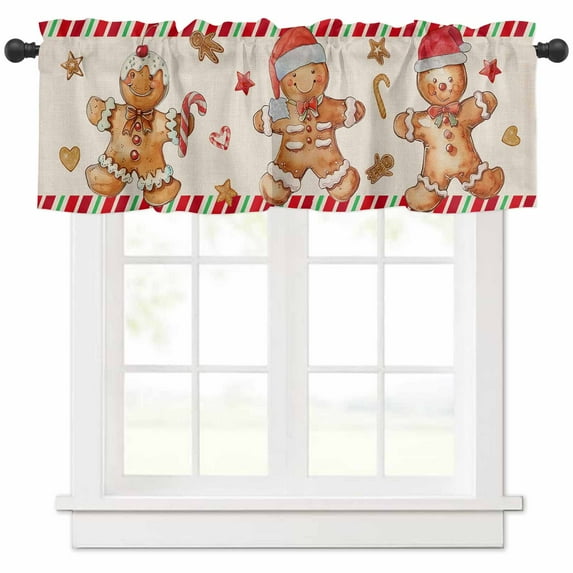 Christmas Xmas Valances for Windows, Watercolor Gingerbread Man Light Filtering Window Treatment Valances, Rod Pocket Small Curtains for Kitchen/Bathroom, 56"x16"
