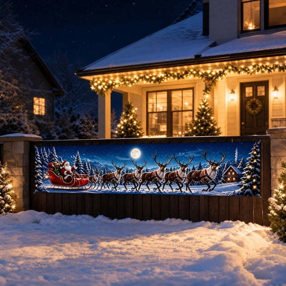 Christmas Yard Fence Banner Long Festive Decoration with Santa Reindeer for Outdoor Patio Railing Wall Holiday Decor